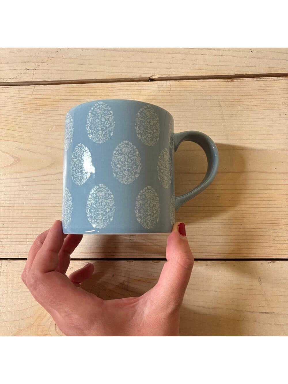 Threshold NWOT 16 oz. Stoneware Mug Feliz Pascua Happy Easter Blue Egg Pattern